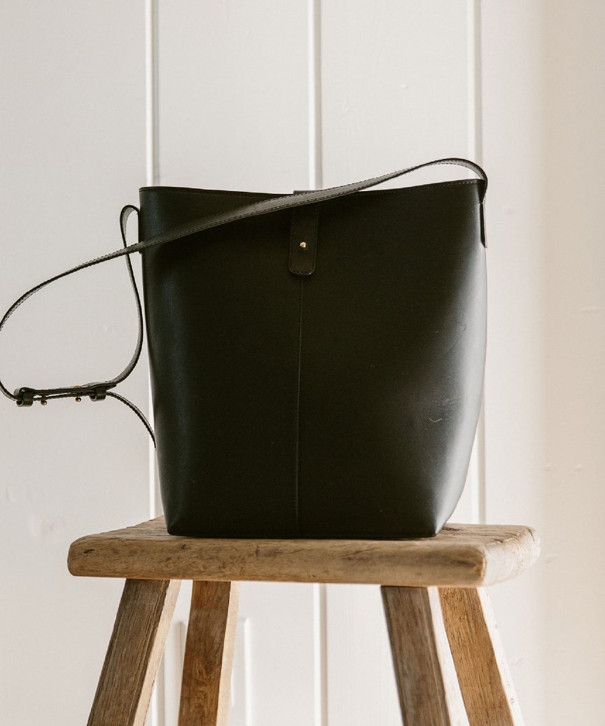 Leather Bucket Bag in Handwoven Black Drawstring Bag Medium 