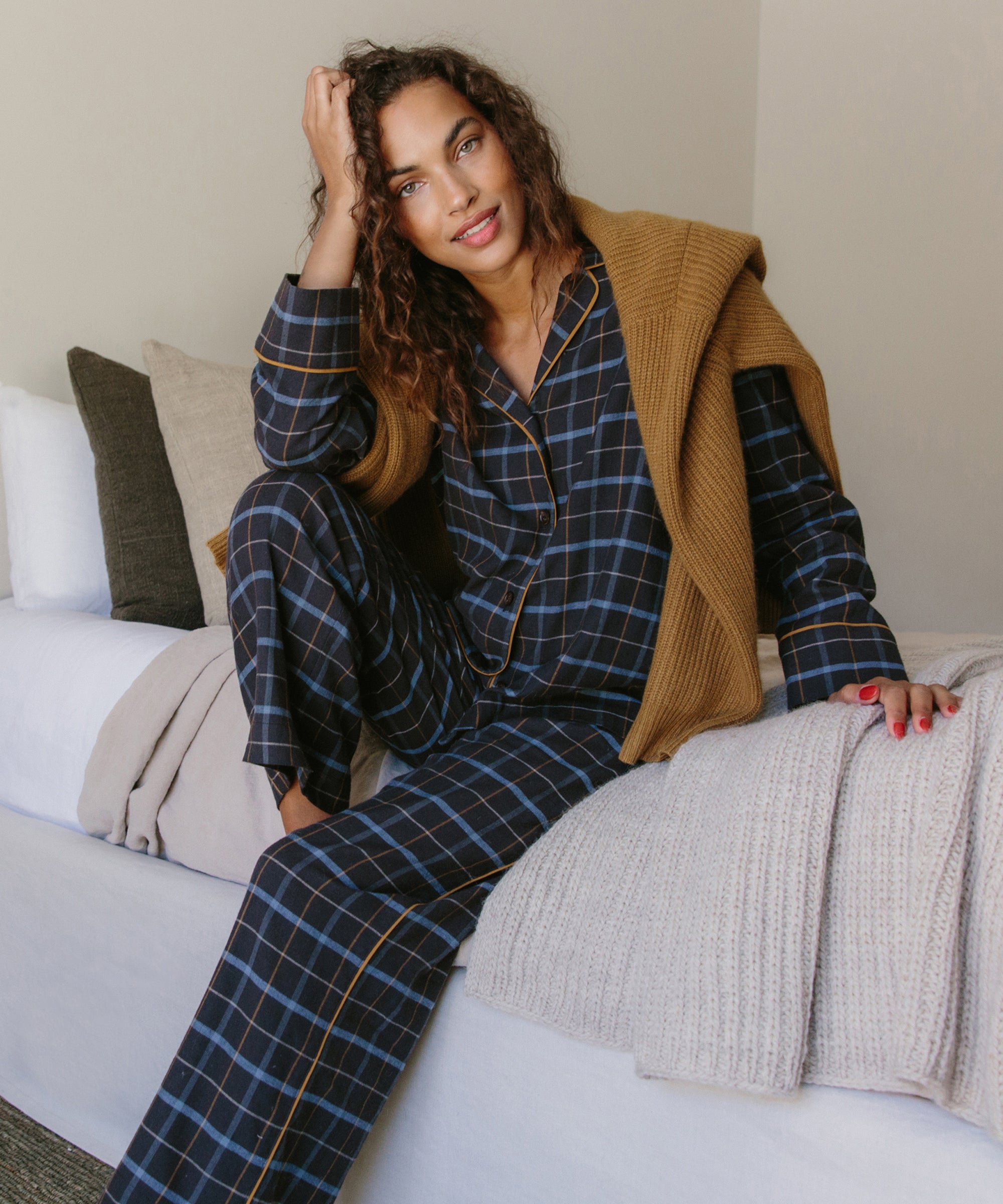 Women's Navy Gingham Flannel Pajama Set